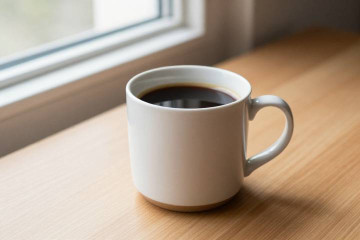 فنجان قهوة على طاولة خشبية صباحًا