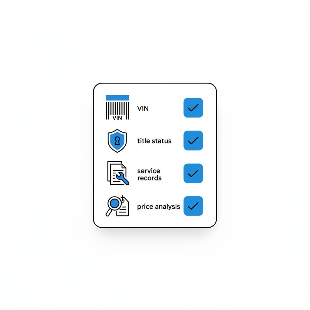 Minimalist vector checklist with icons for VIN title status service records and price analysis for camaros for sale in CarFax Deals brand colors on white background