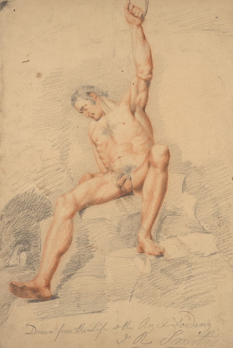 Male figure nude seated left arm upraised and clutching rope seen from front 179