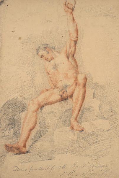 Male figure nude seated left arm upraised and clutching rope seen from front 179