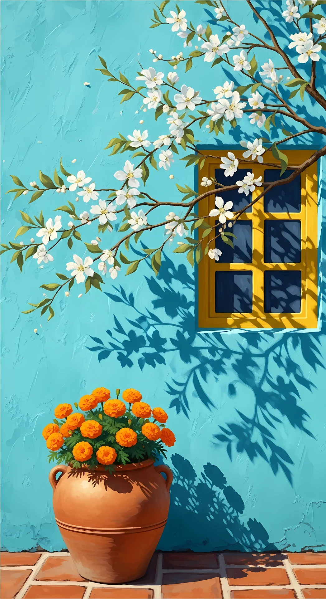 Spring Blossoms and Marigolds Against a Turquoise Wall - Free 4K mobile Wallpaper