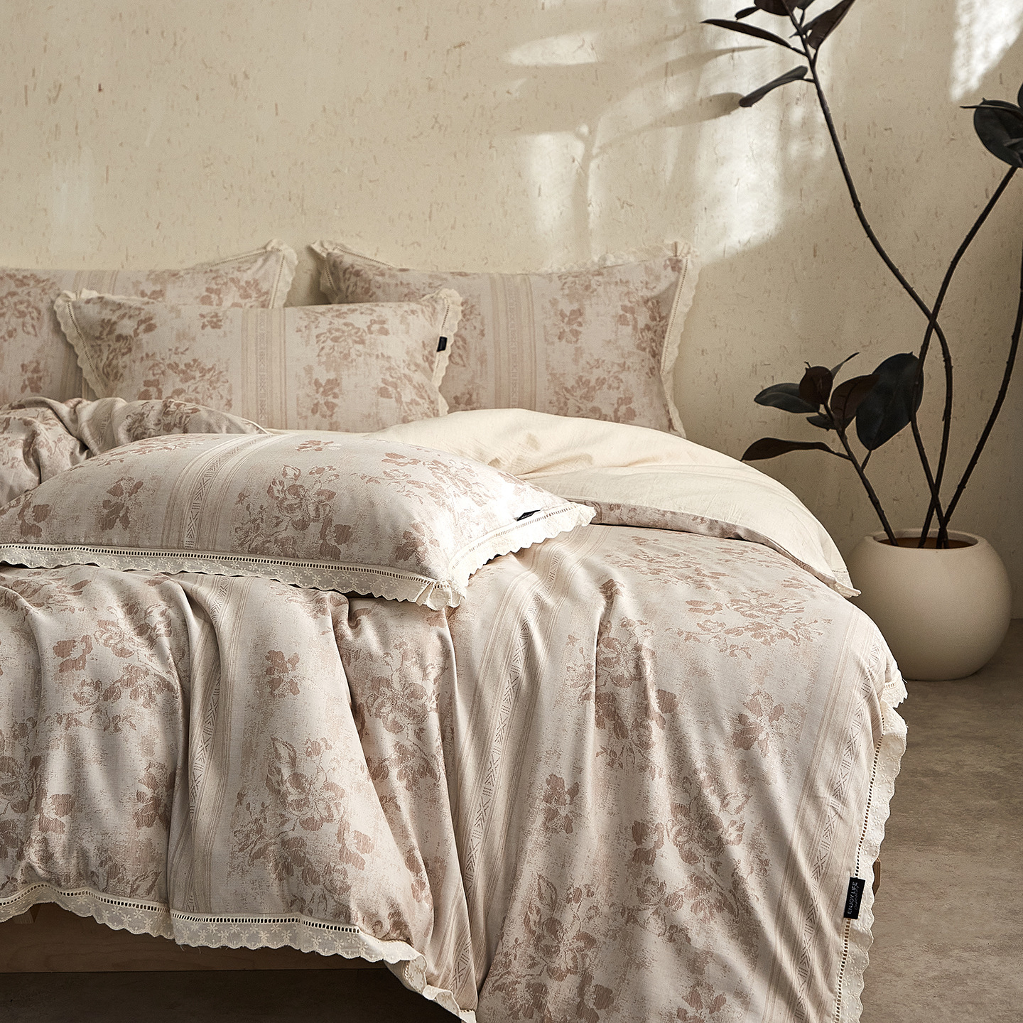 Cotton-linen bedding set, 4-piece, floral pattern