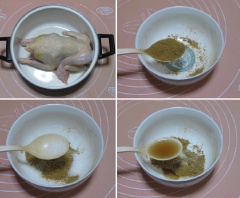 Gà rửa sạch, để vào nồi. Pha 1 muỗng canh ngũ vị hương, 1/2 muỗng canh đường, 1 muỗng canh mắm, 2 muỗng canh nước tương, 1 muỗng canh dầu hào.
