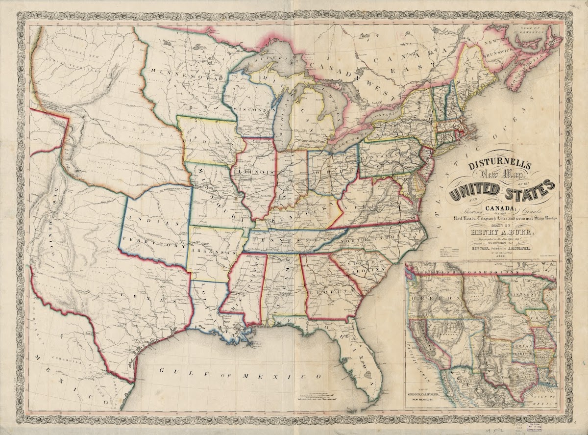 Disturnells New Map Of The United States And Canada Showing All The Canals Rail