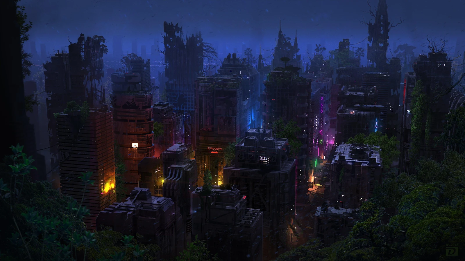 Overgrown Ruined City At Night - Digital Concept Art 4K Wallpaper (3987x2242)