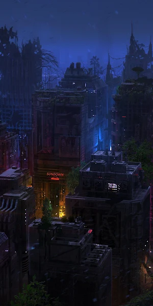 Overgrown Ruined City At Night 4K Wallpaper Background