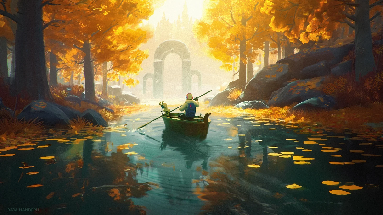 Rowing Through Golden Autumn Arches - Vibrant Concept Art 4K Wallpaper (3840x2160)