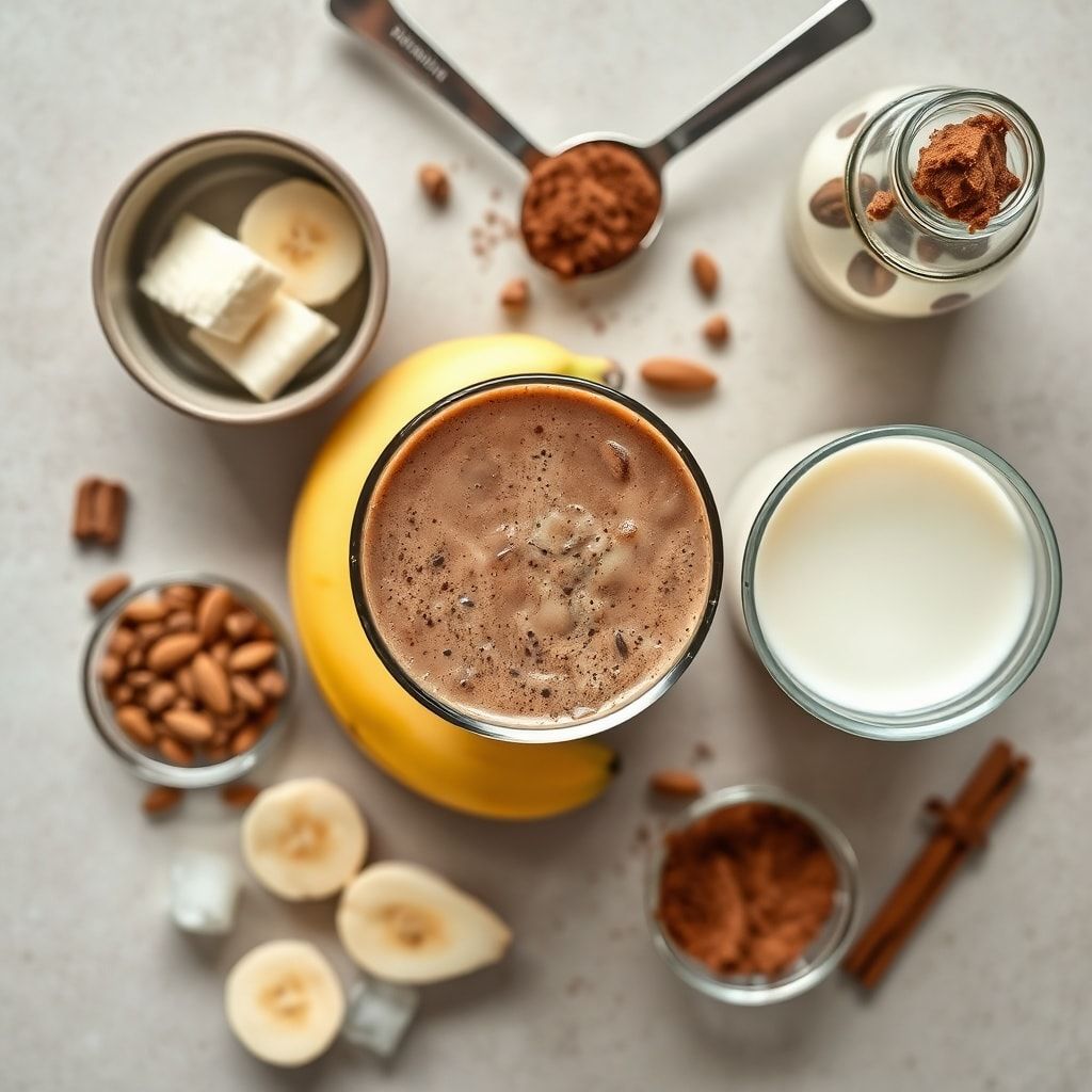 Ingredients for Creamy Chocolate Banana Smoothie Recipe for Easy Breakfast (5-Minute, 1 Blender)