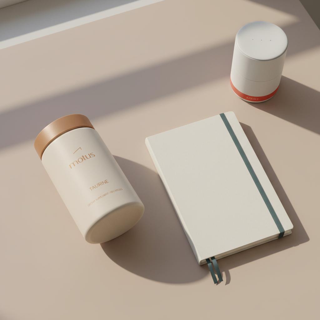 Top-down nightstand with Tonum supplement container labeled 'taurine' beside a closed notebook and sleep-sound speaker, minimalist health scene — what should you not mix with taurine