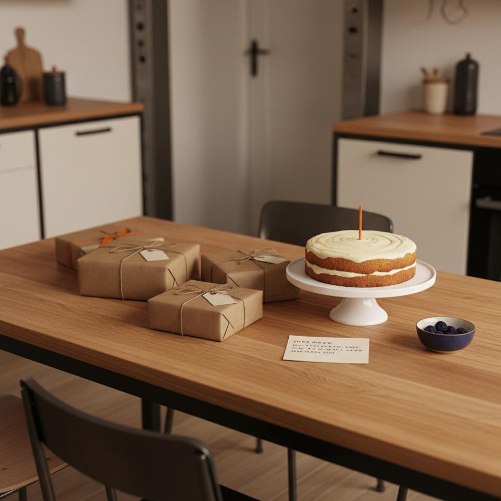 Gemütliche Wohnküche mit Esstisch, dezent verpackten Geschenken, Vanillekuchen und Notizzettel – intime Szene für jahrestag geschenke im warmen Industrie-Ambiente.