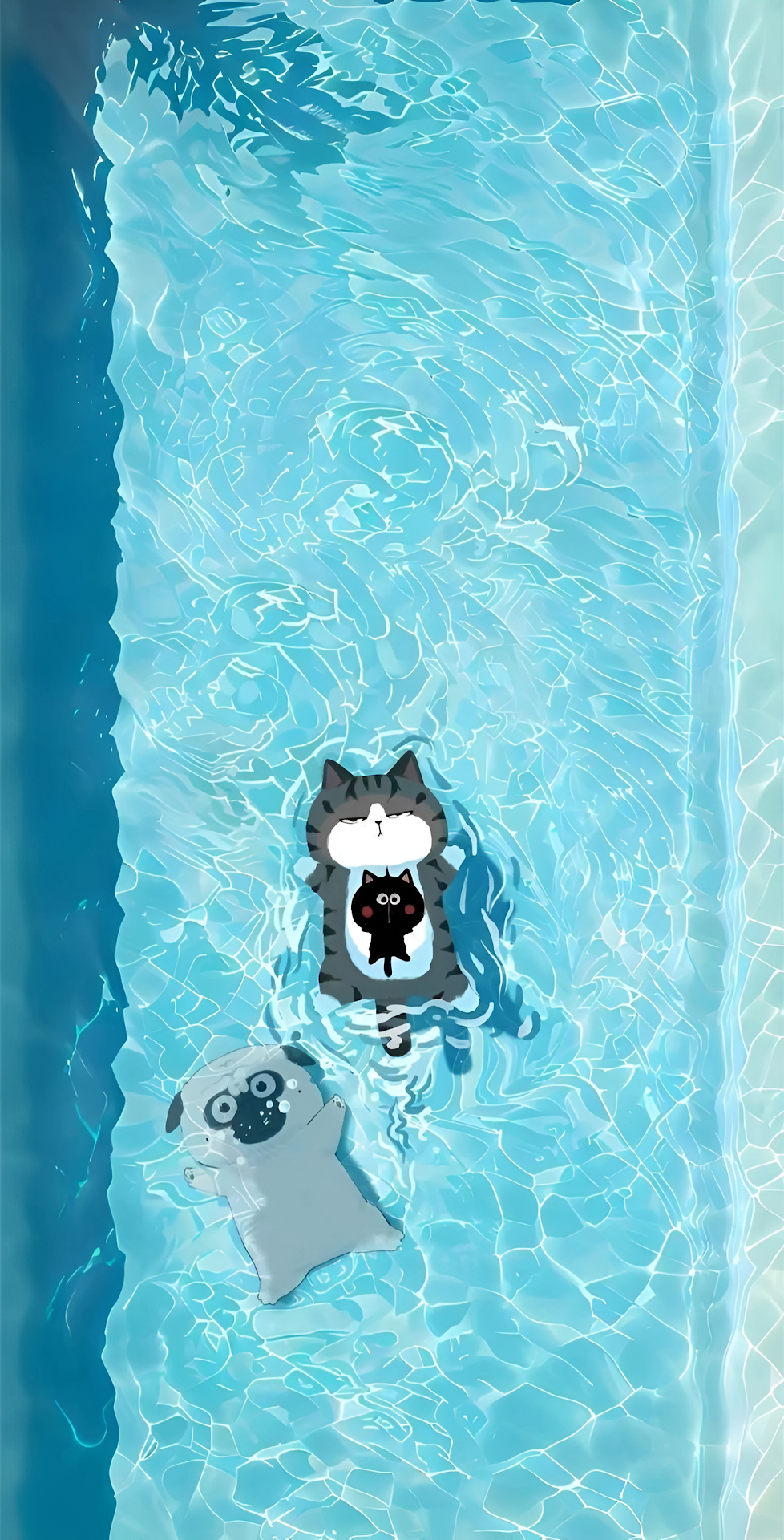 Cute Cartoon Cat Floating in Swimming Pool Summer Relaxation - Free 4K mobile Wallpaper