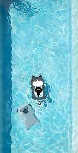 Cute Cartoon Cat Floating in Swimming Pool Summer Relaxation