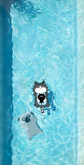 Cute Cartoon Cat Floating in Swimming Pool Summer Relaxation - Free mobile Wallpaper