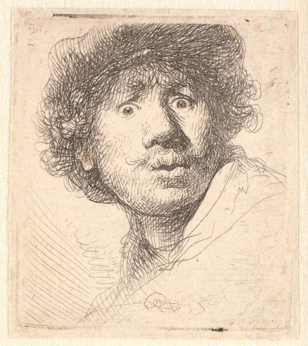 Rembrandt in a cap open mouthed and staring bust in outline 1630