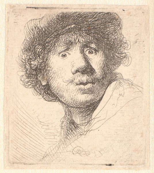 Rembrandt in a cap open mouthed and staring bust in outline 1630