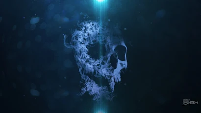 Smoke, Skull, Bokeh, Blue Background, Digital Art 5K Wallpaper Background