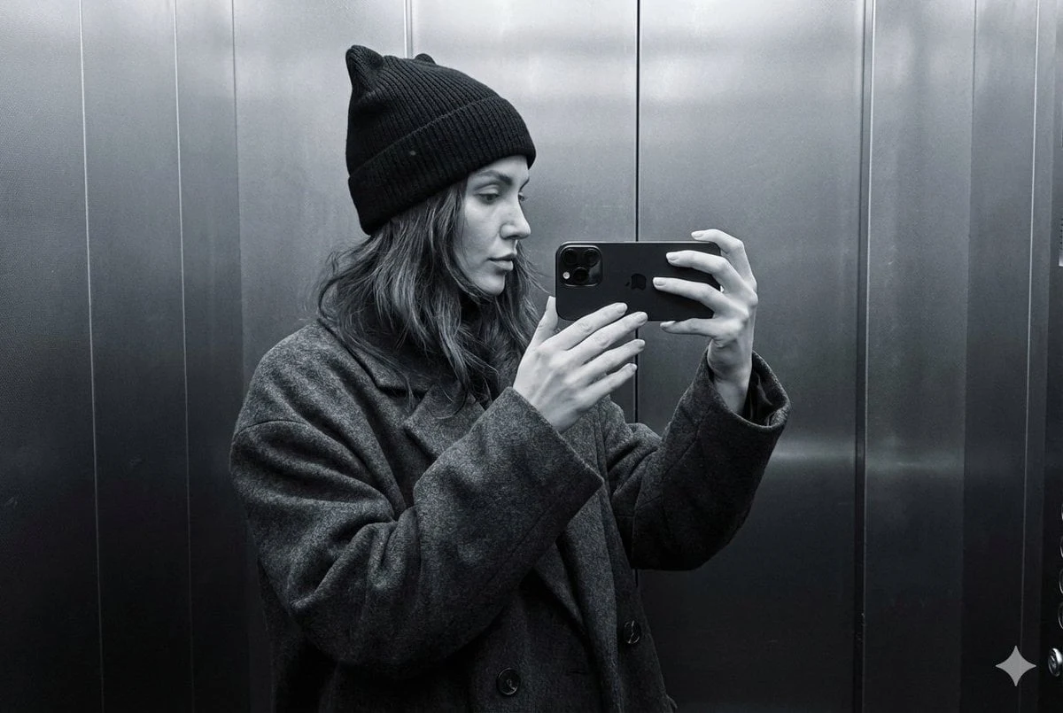 Un selfie de perfil fotorrealista, minimalista y monocromático: una mujer con un abrigo oscuro extragrande y un jersey de punto negro...