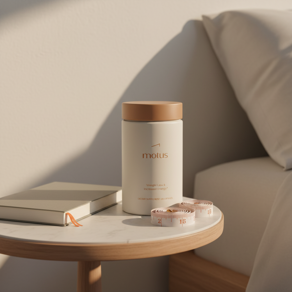 Minimalist bedside photo of Motus supplement jar beside a journal and tape measure in soft morning light, suggesting routine weight loss support — garcinia cambogia belly fat