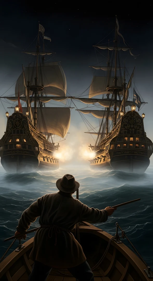 Naval Battle at Night from Small Boat Perspective