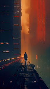 Solitary Figure Cyberpunk City Rooftop Orange Fog Dystopia