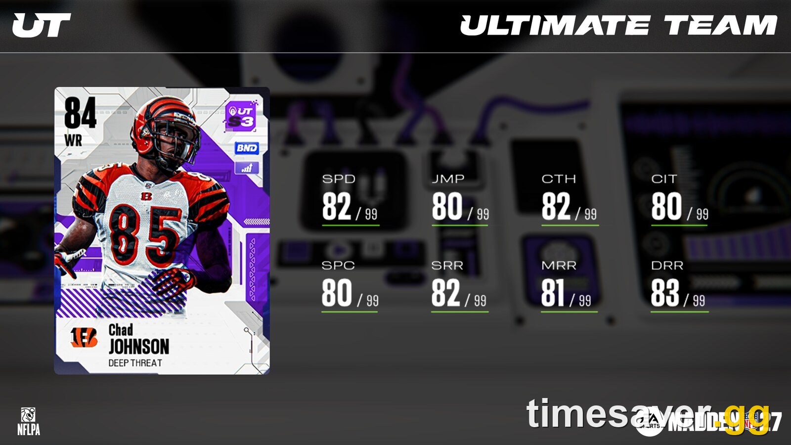 Official 84 OVR Season 3 Chad Johnson card — WR, Deep Threat, 82 SPD, 82 CTH, 83 DRR