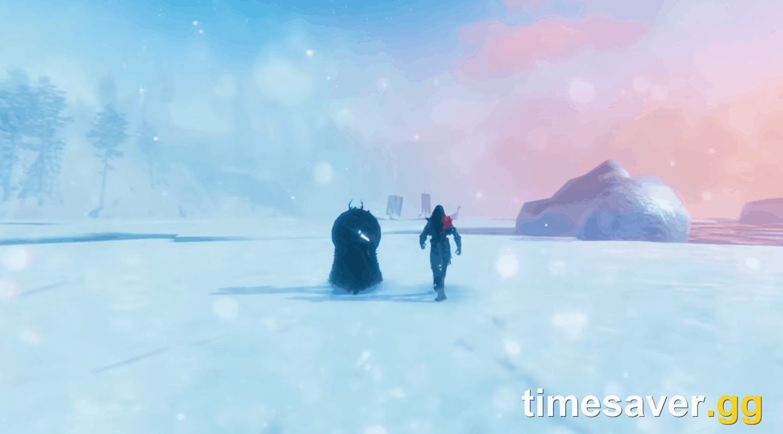 A Valheim player crossing the snowy Deep North biome toward rocks under a pink and blue sky