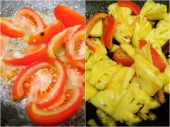 Vẫn chảo đó cho vào một chút dầu ăn, đổ cà chua vào xào nát, rồi đổ dứa vào xào cùng, cho vào 1 thìa cà phê hạt nêm + 1/2 thìa cà phê bột canh. Đổ nước luộc chem chép vào nồi, lưu ý chắt bỏ cặn để món canh không bị sạn, đun sôi rồi tiếp tục cho trùng trục đã xào vào, đun sôi tiếp.
