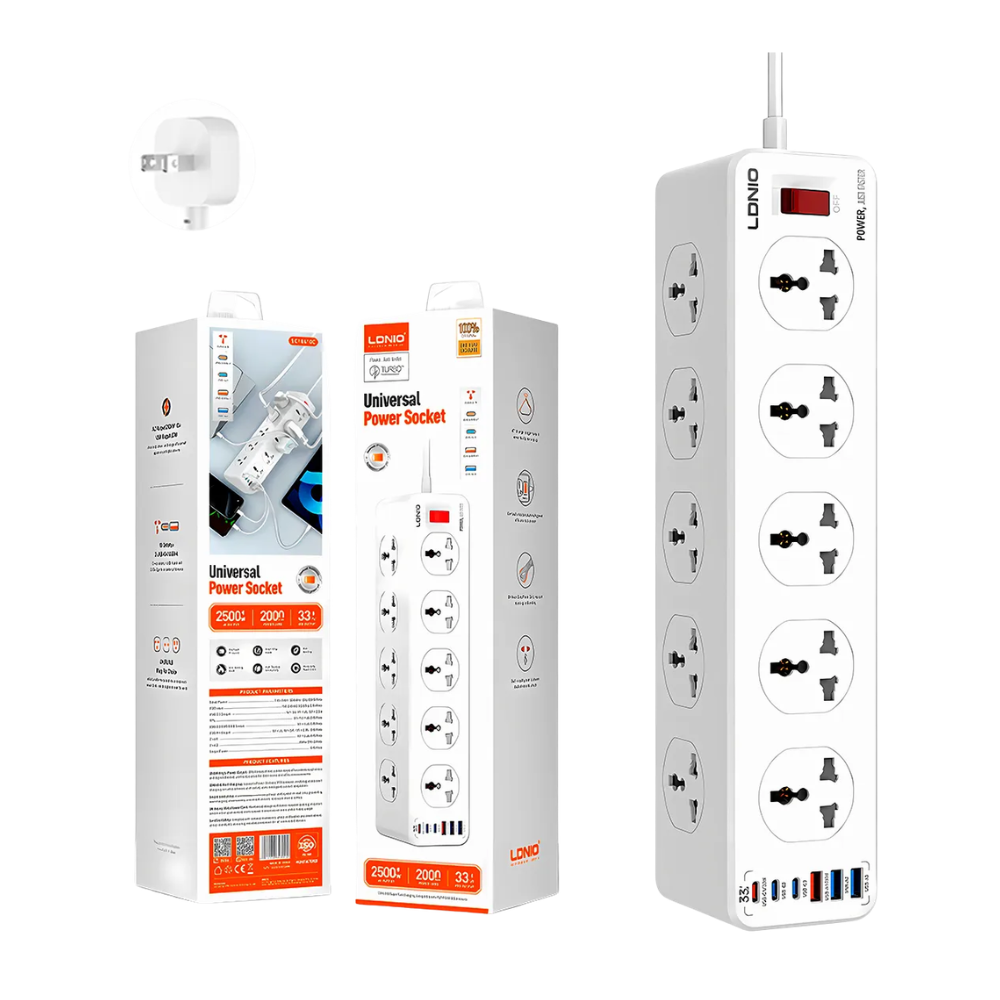 Supresor de Picos con 10 Tomas Universales 3 Puertos USB-A 3 Puertos USB-C PD Carga Rapida de hasta 33 W Proteccion contra Sobrecarga y Sobretension Cable de 2 Metros LDNIO SC10610C