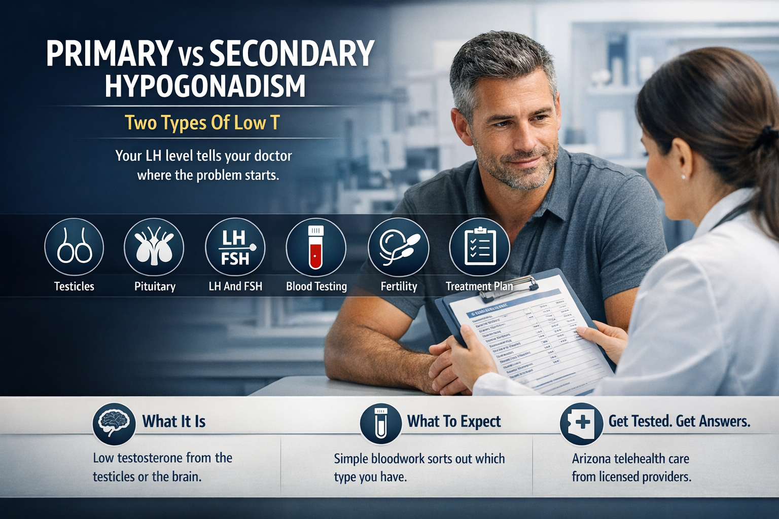 Primary vs. Secondary Hypogonadism: What's the Difference? — AZTRT Arizona TRT clinic blog cover showing a healthy man reviewing hormone lab results with a clinician alongside an infographic on the two types of low testosterone