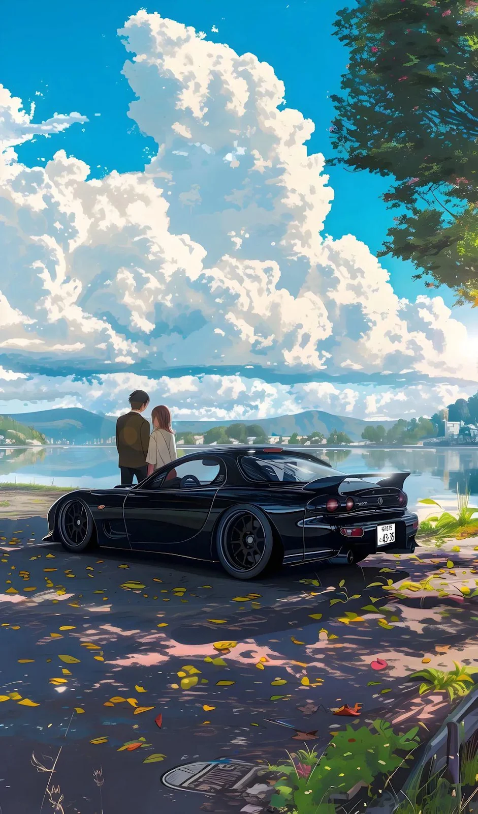 Mazda RX-7 by the Lake - Anime Illustration iPhone Wallpaper (1080x1836)