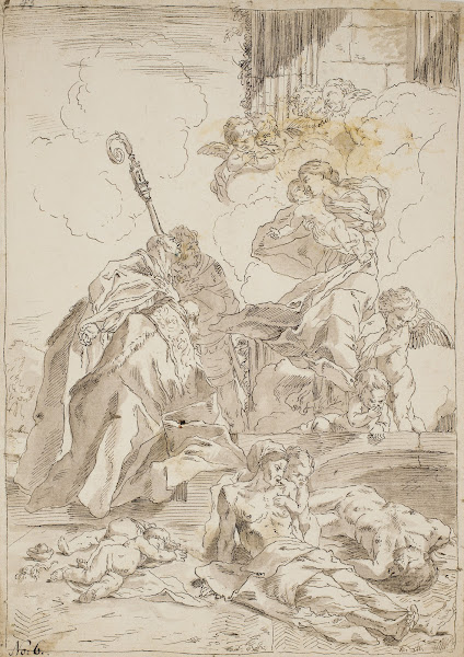 The Madonna and Child appearing to two male saints during an outbreak of plague