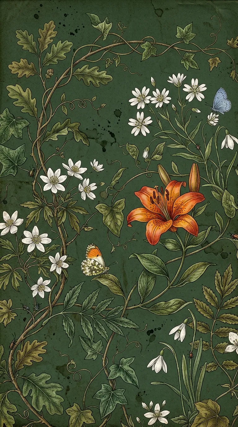 Retro Floral Illustration with Vines and Flowers on Dark Green - Free 4K mobile Wallpaper