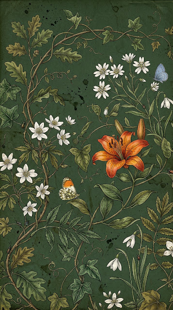Retro Floral Illustration with Vines and Flowers on Dark Green - Free mobile Wallpaper