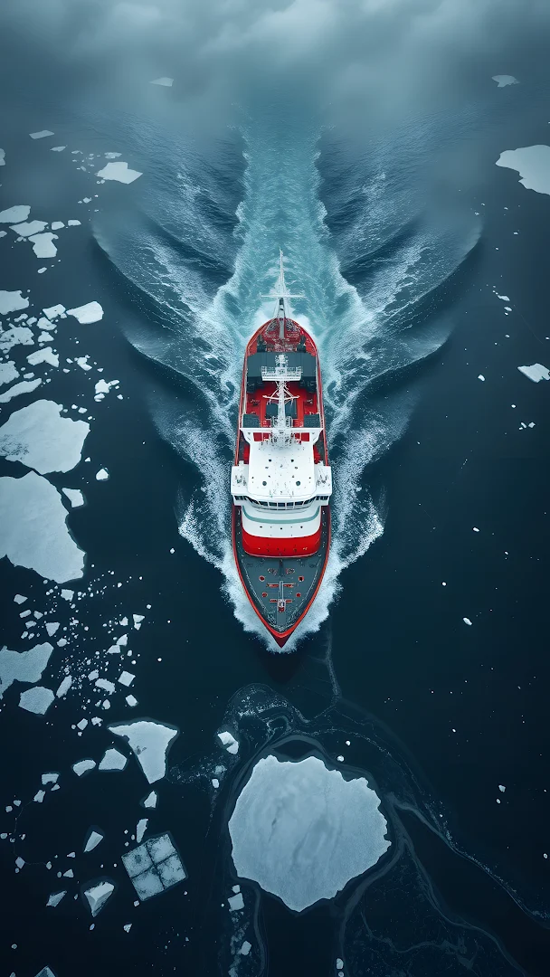 Aerial View of Red and White Icebreaker Ship