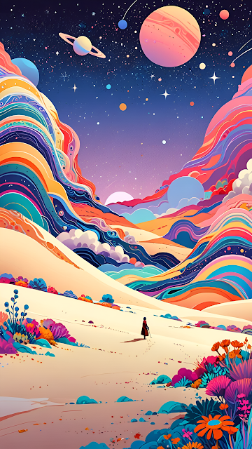 Psychedelic Desert Valley with Cosmic Planets and Flowing Hues - Free mobile Wallpaper