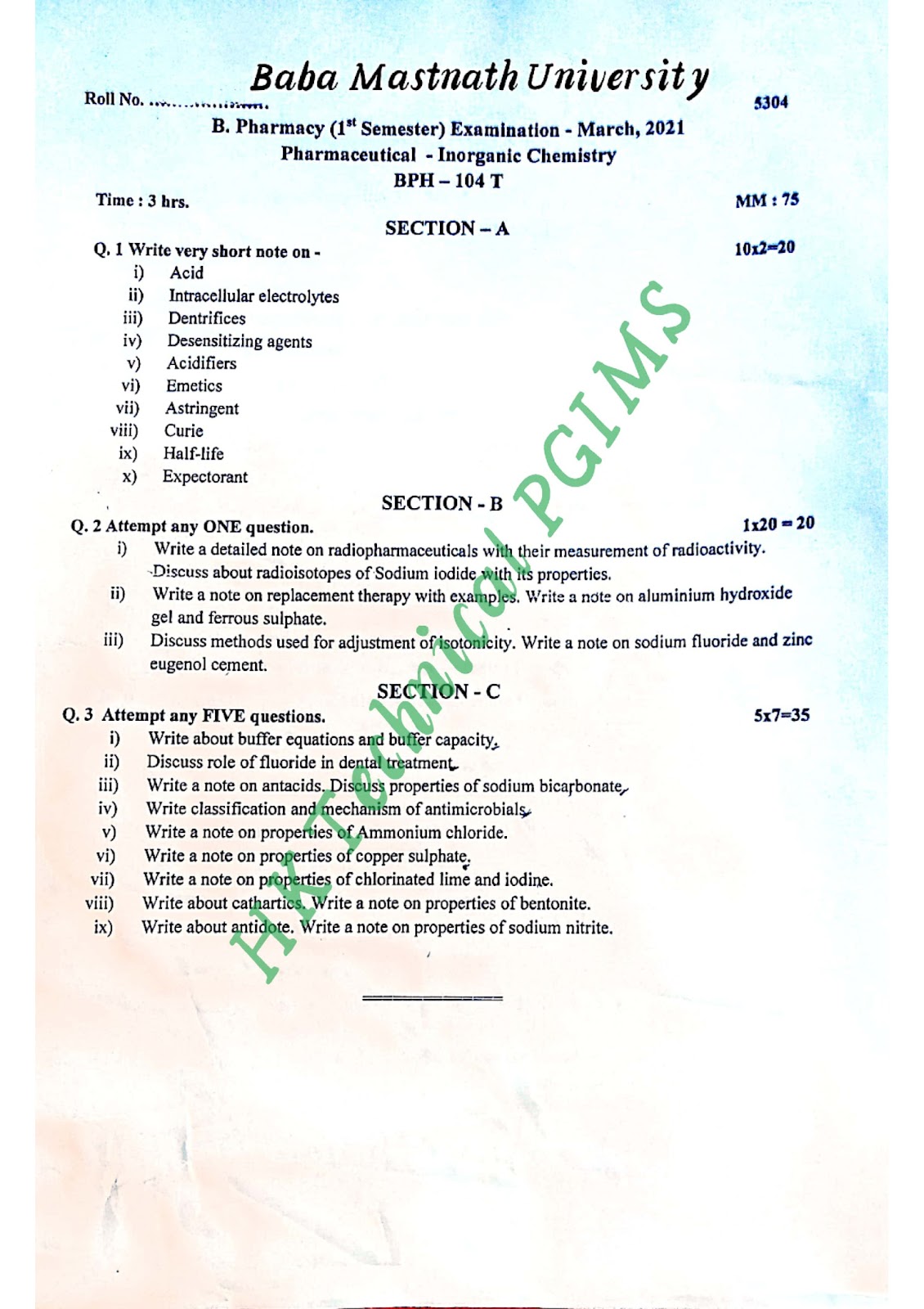 BP104T Pharmaceutical Inorganic Chemistry BMU 1st Semester B.Pharmacy Previous Year's Question Paper,BP104T Pharmaceutical Inorganic Chemistry,BPharmacy,Previous Year's Question Papers,BPharm 1st Semester,