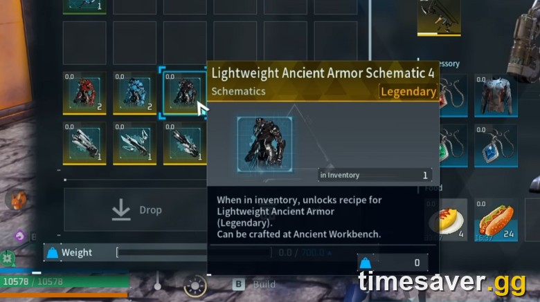 Lightweight Ancient Armor schematic in the Palworld inventory, the best endgame armor for the fight