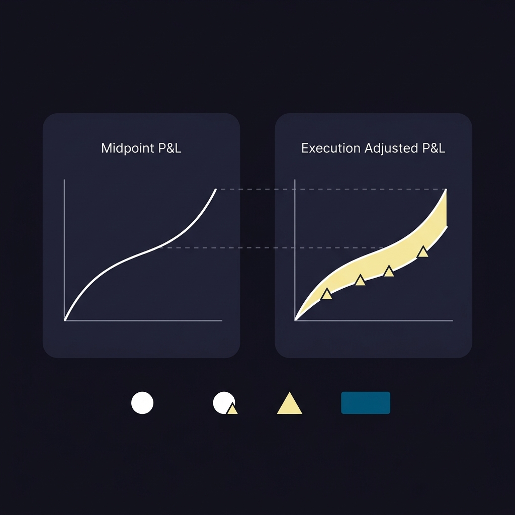 Minimal 2D vector side by side comparison of midpoint P and L versus execution adjusted P and L highlighting implementation shortfall in Funded Plays colors 10101a 1e1e31 f5e79d Why Market Prices Should Be Included in Backtests