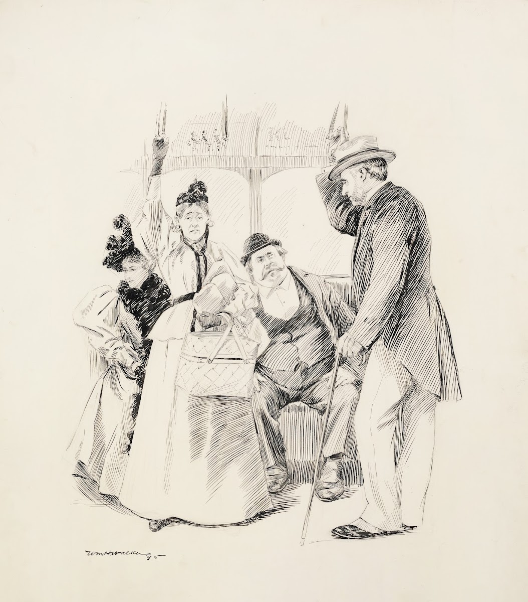 Two men and two women riding a street car A fat man sits forcing an older woman