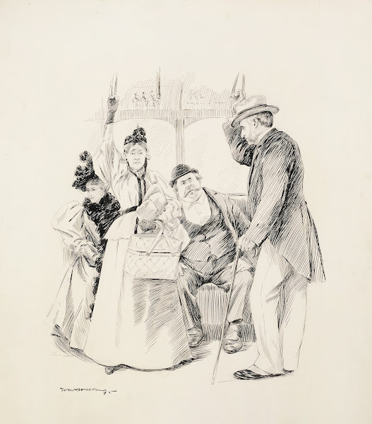 Two men and two women riding a street car A fat man sits forcing an older woman