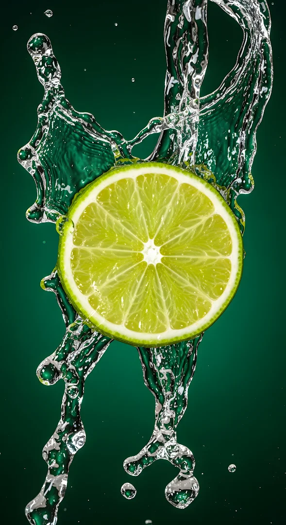 Fresh Lime Slice with Dynamic Water Splash on Green