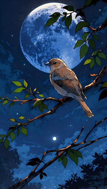 Sparrow Perched on Branch Under Giant Blue Moon Illustration - Free mobile Wallpaper