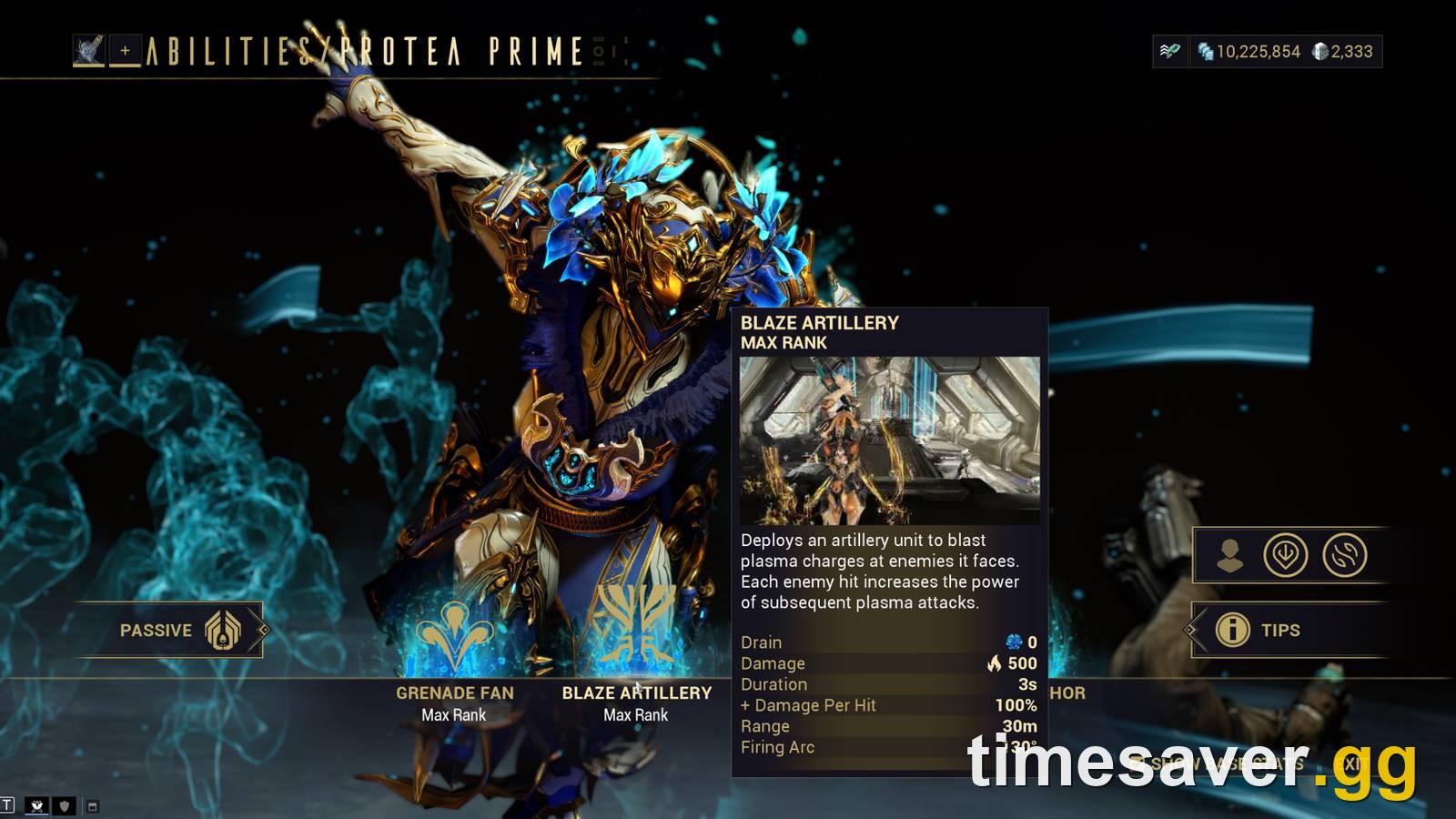 Protea's ability kit shown in the Warframe abilities menu, featuring Blaze Artillery.
