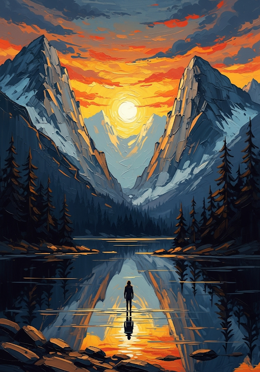 Impasto Mountain Lake Sunset