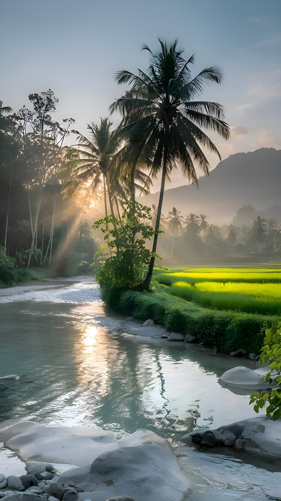 Tropical River Sunrise Palm Trees Rice Paddies - Free 4K mobile Wallpaper