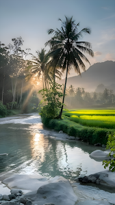 Tropical River Sunrise Palm Trees Rice Paddies