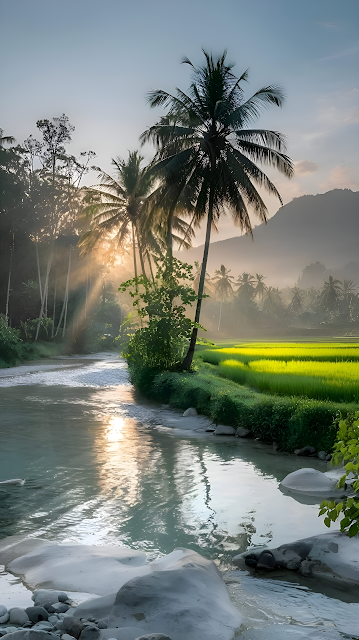 Tropical River Sunrise Palm Trees Rice Paddies - Free mobile Wallpaper