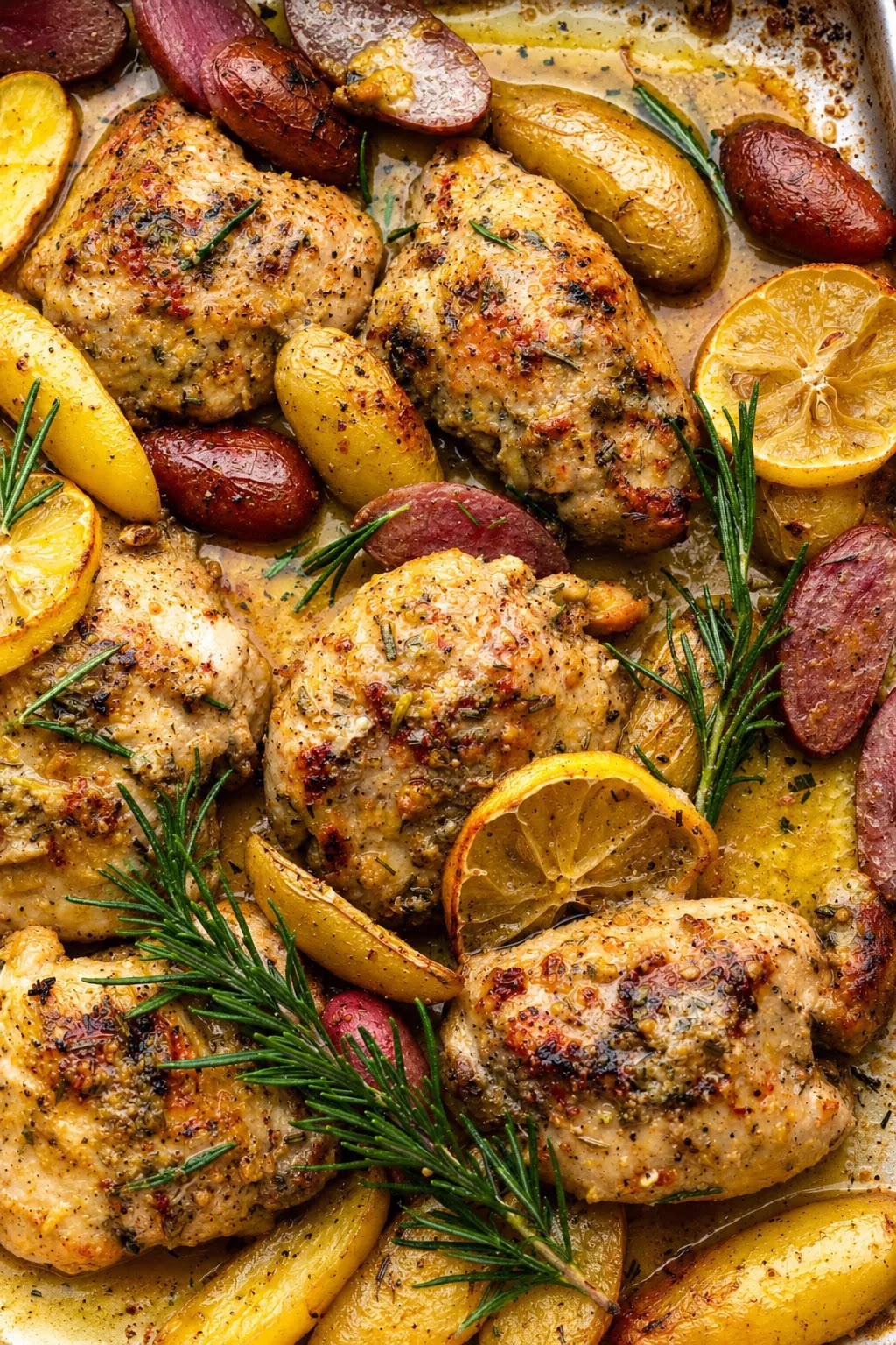 Sheet pan filled with roasted golden chicken, baby potatoes, and charred lemon slices