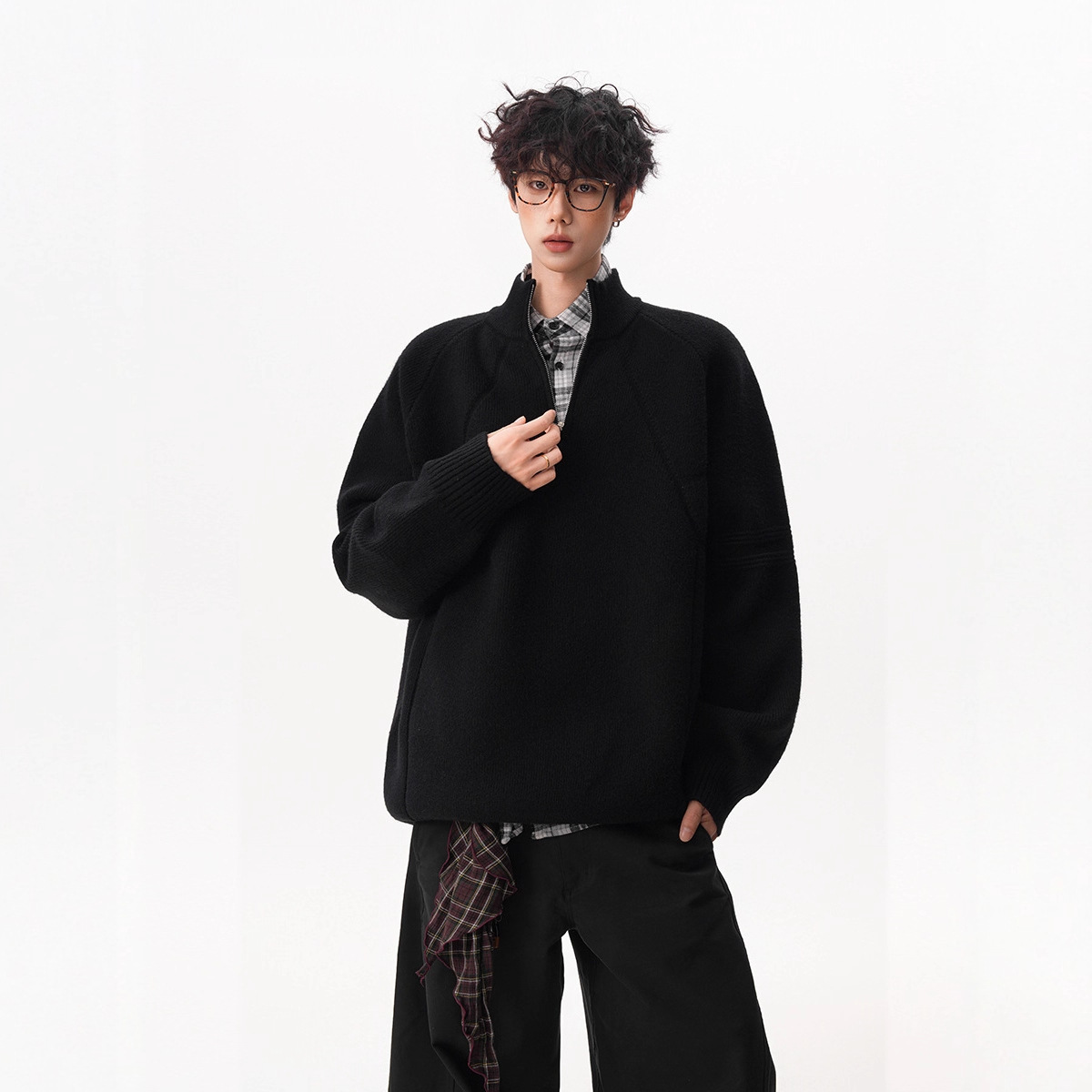 Unisex Knitted Sweater with Stand-up Collar and Zipper