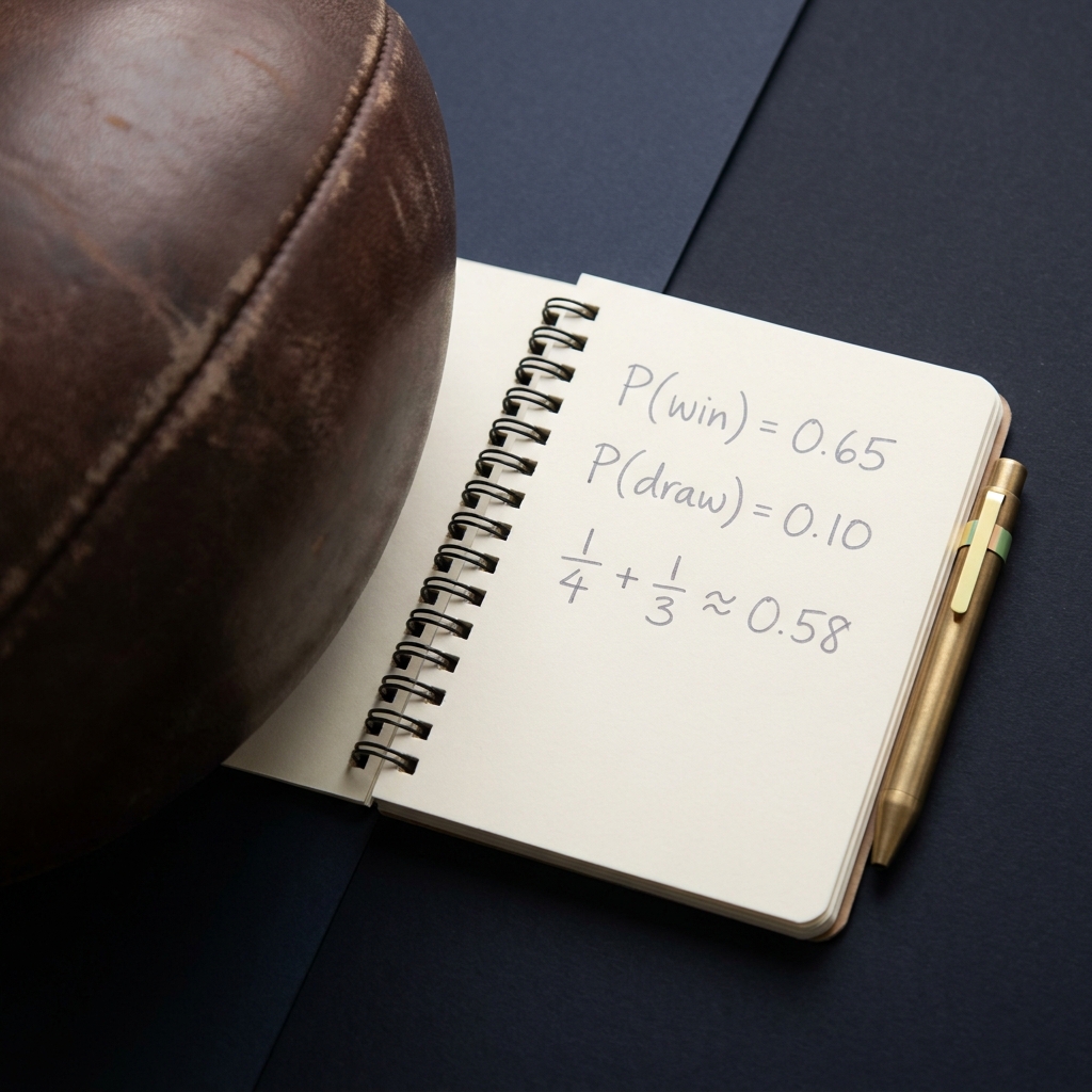 Close crop of a rugby match ball beside a notebook with handwritten implied probability calculations for nrl betting odds on a dark minimalist Funded Plays background